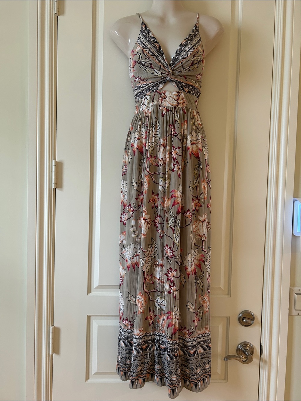 ANGIE Beautiful Gray, Pink & Peach Floral Printed Twist-Front Maxi Dress, S, New